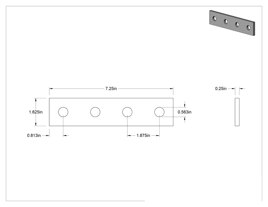 Teknik Çizim - Strut Kanalı Braketi, Düz, 304 Paslanmaz Çelik, 7-1/4" Uzunluk
