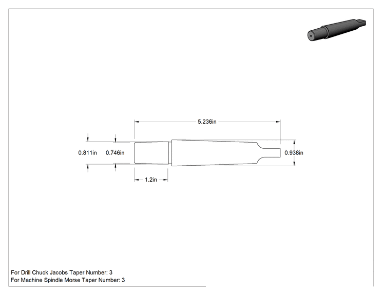 Teknik Çizim - Matkap Mandreni, 3 Numaralı Morse x 3 Numaralı Jacobs için, 5-15/64" Toplam Uzunluk