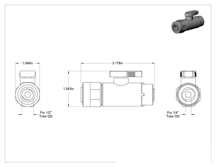 Teknik Çizim - Kimyasallar için Açma/Kapama Vanası, Polipropilen, Düz Adaptör, 1/4" x 1/2" Bas-Bağlan