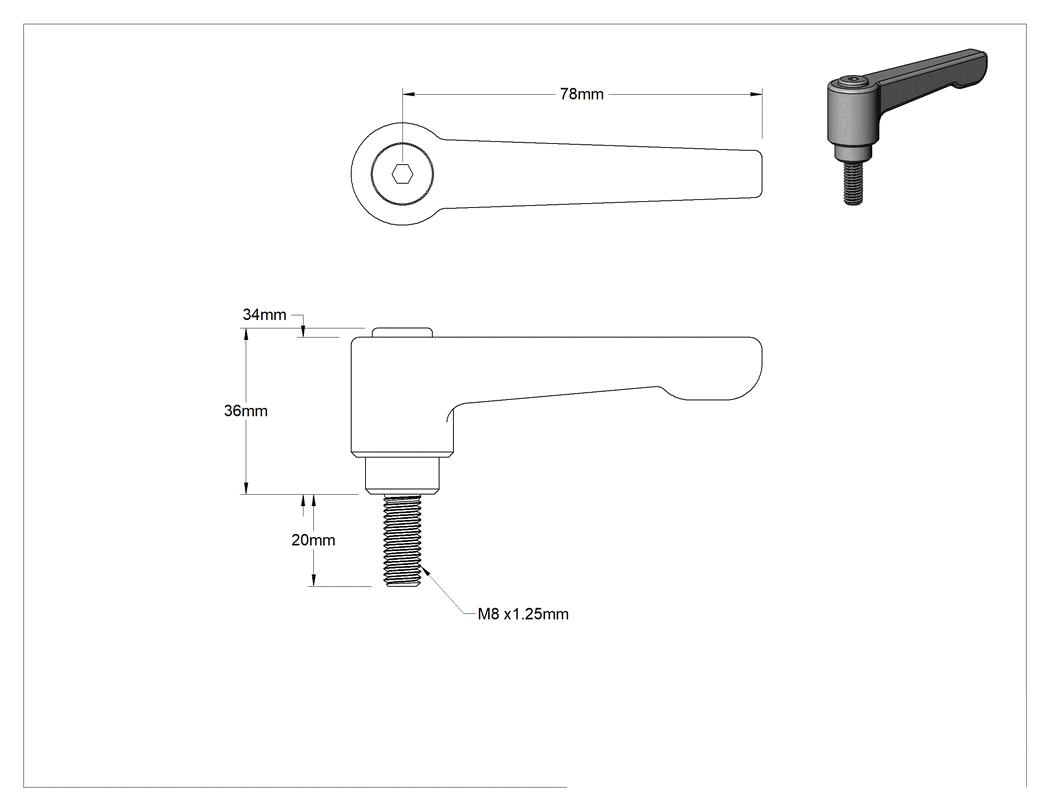 Teknik Çizim - Düşük Profilli Ayarlanabilir Tutamak, M8 x 1.25 mm Dişli 20 mm Uzunlukta Saplama ile, Siyah Naylon