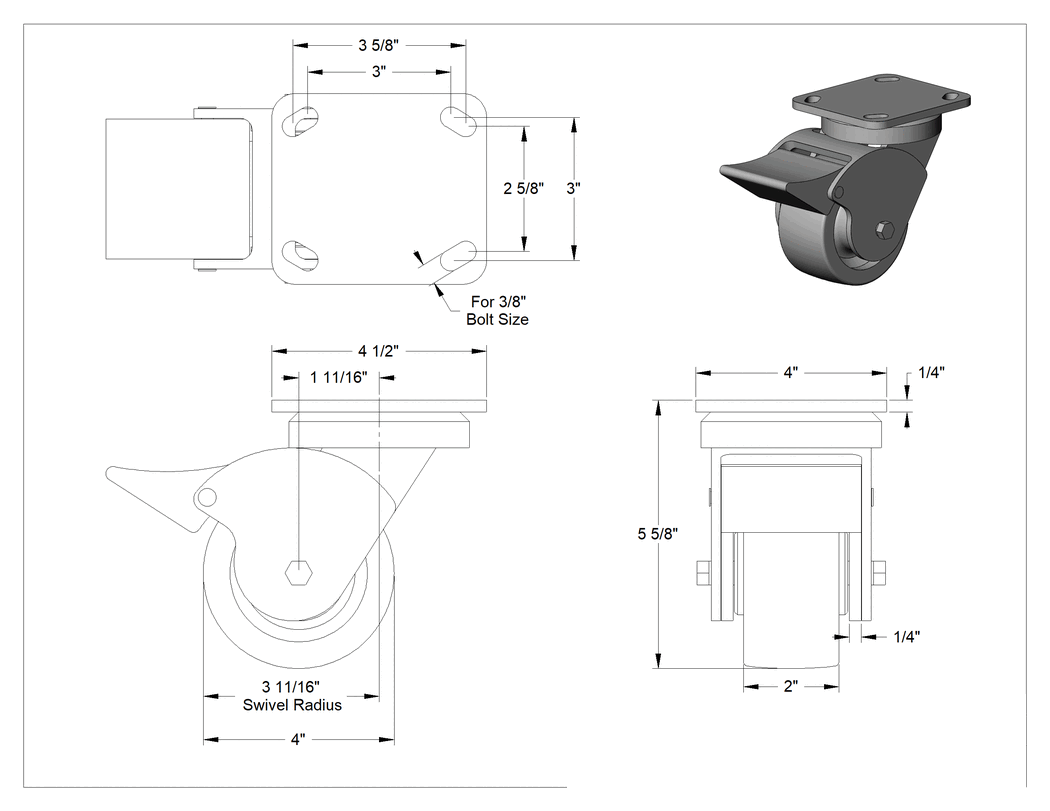 Teknik Çizim - 4-1/2" x 4" Montaj Plakalı Samson Tekerlek, Tam Kilitli ve 4" Çapında Gri Kauçuk Tekerlekli Döner, Açık Rulman