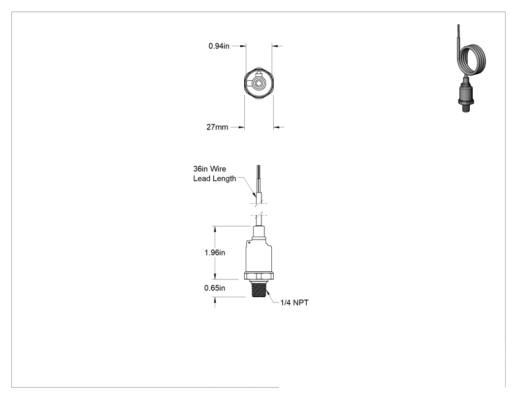 Teknik Çizim - Mutlak Basınç Transmitteri, 4-20 mA Çıkış, 0-500 PSI