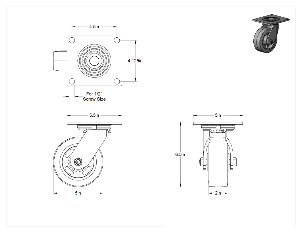 Teknik Çizim - 5-1/2" x 5" Montaj Plakalı Tekerlek, Samson, 5" Çapında Siyah Kauçuk Tekerlekli Döner