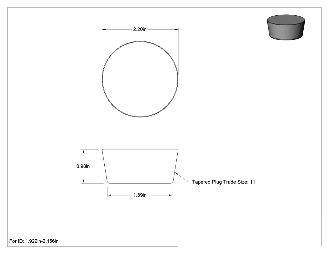 Teknik Çizim - SBR Kauçuk Konik Tapa, Anma Ölçüsü 11, 1-59/64" ila 2-5/32" İç Çap için, Delik Olmadan