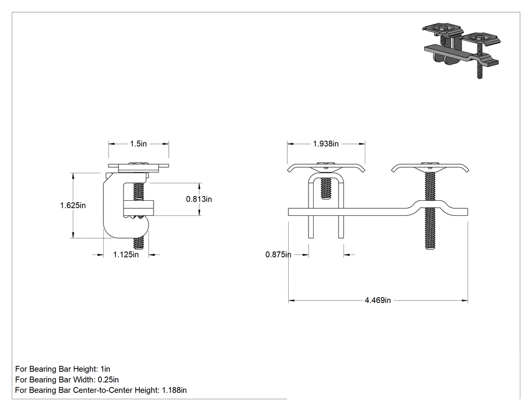 Teknik Çizim - Metal Çubuk Izgara Klipsi, Konektör, 1" yüksekliğinde taşıyıcı lama için, Galvanizli Çelik