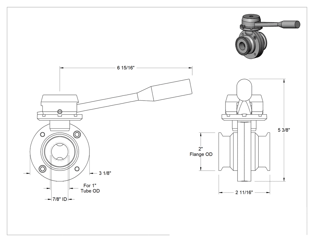 Teknik Çizim - 304 Paslanmaz Çelik Akış Ayar Valfi, Yiyecek ve İçecek, Hızlı Sıkıştırmalı Uçlar, Floroelastomer Yuvası, 1" Boru Dış Çapı