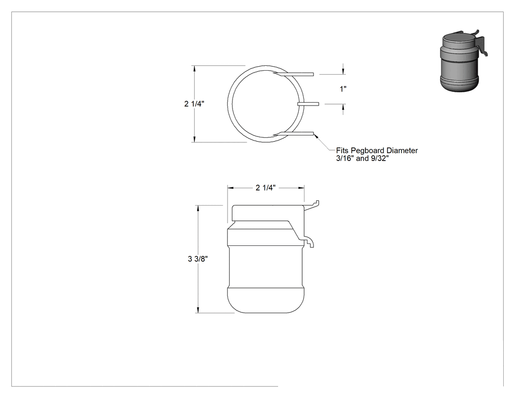 Teknik Çizim - Delikli Pano Kavanozu, 2-1/4" Genişlik x 3-1/2" Toplam Yükseklik
