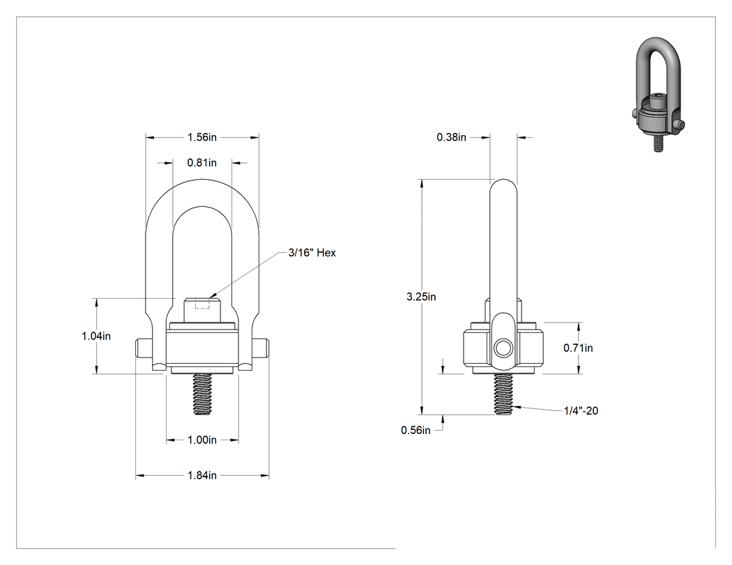 Teknik Çizim - Kaldırma için Çelik Kaldırma Halkası, Dövme, Siyah Oksit, 1/4"-20 Diş Boyutu, 3-1/4" Toplam Yükseklik