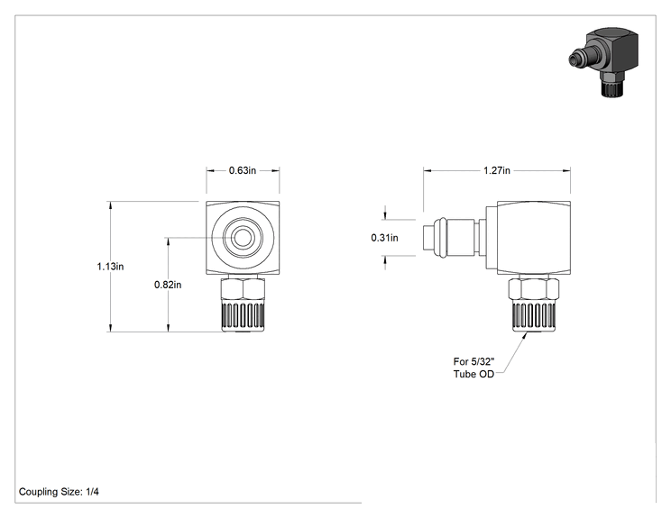 Teknik Çizim - Hava için Yüksek Basınçlı Pirinç Hızlı Bağlantı Boru Bağlantısı, Kapatma Valfli Dirsek Tapa, 1/8 Kaplin Boyutu, 5/32" Boru Dış Çapı için