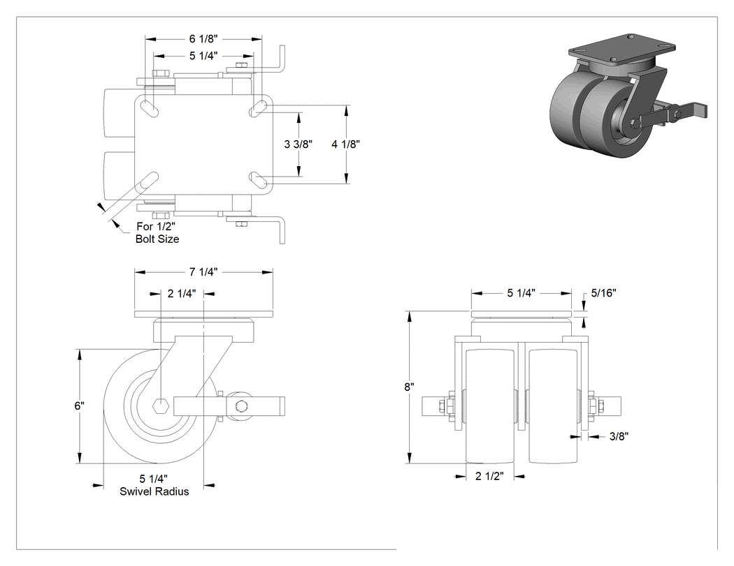 Teknik Çizim - 7-1/4" x 5-1/4" Plakalı Stronghart Tekerlek, Ekstra Yüksek Kapasiteli, Frenli Döner Tekerlek ve 6" Çapında Fenolik Tekerlek