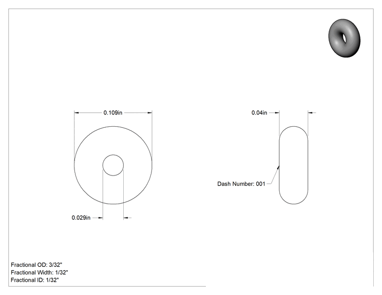 Teknik Çizim - Sert Viton® Floroelastomer O-Ring, Kimyasal Dayanıklı, 1/32 Kesirli Genişlik, Dash Numarası 001