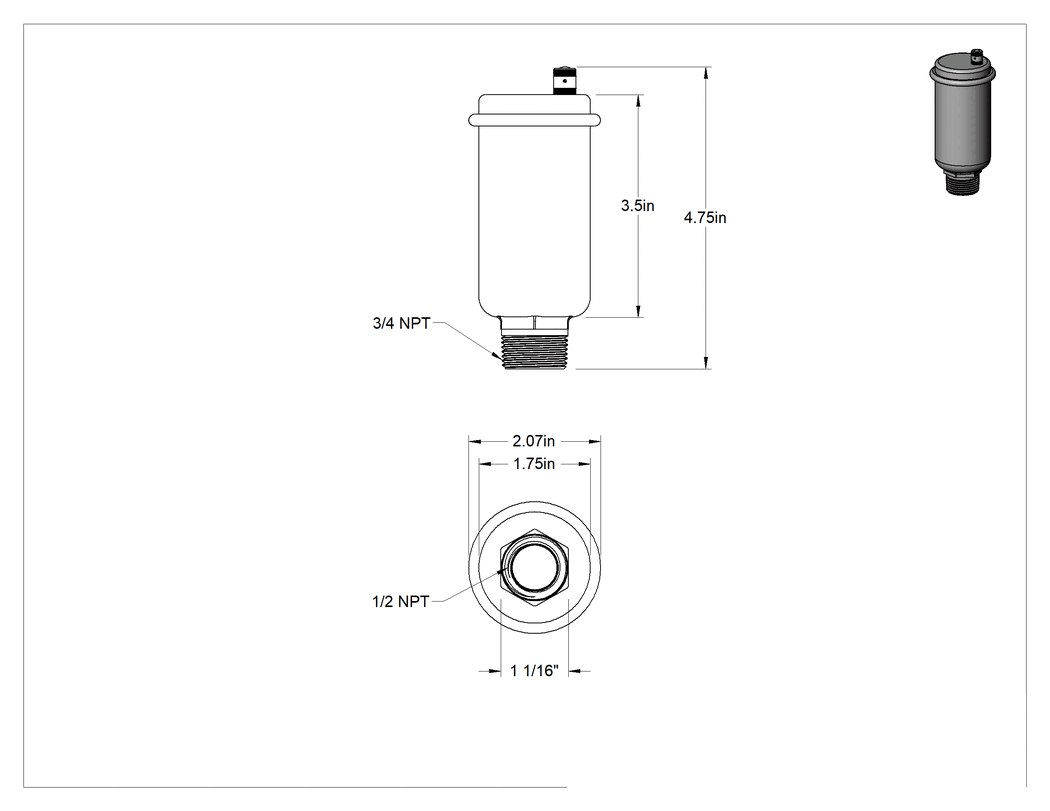 Teknik Çizim - Su ve Soğutucu Sıvı için Hava Tahliye Valfi, 1/2 NPT Dişi ve 3/4 NPT Erkek Girişler