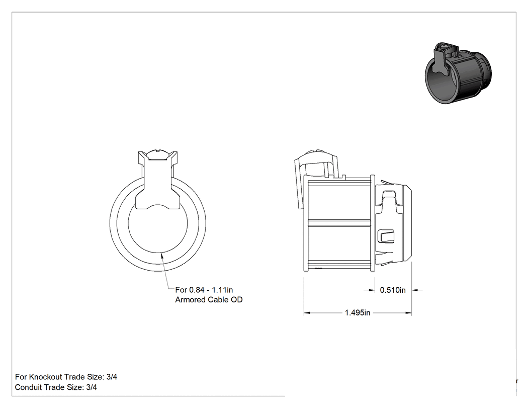 Teknik Çizim - 3/4 Kılavuz x Esnek Metal Kılavuz ve Zırhlı Kablo için Düz Çıkarma Adaptörü