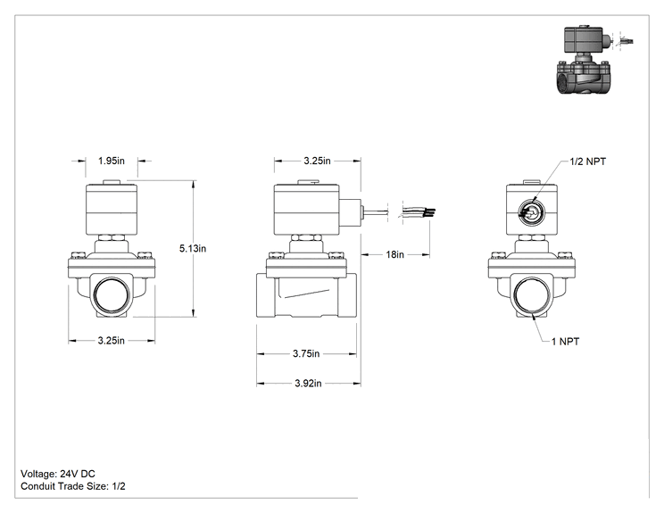 Teknik Çizim - Premium Solenoid Açma/Kapama Valfi, Normalde Kapalı, 24V DC, 1 NPT Dişi, Sıfır Düşüş