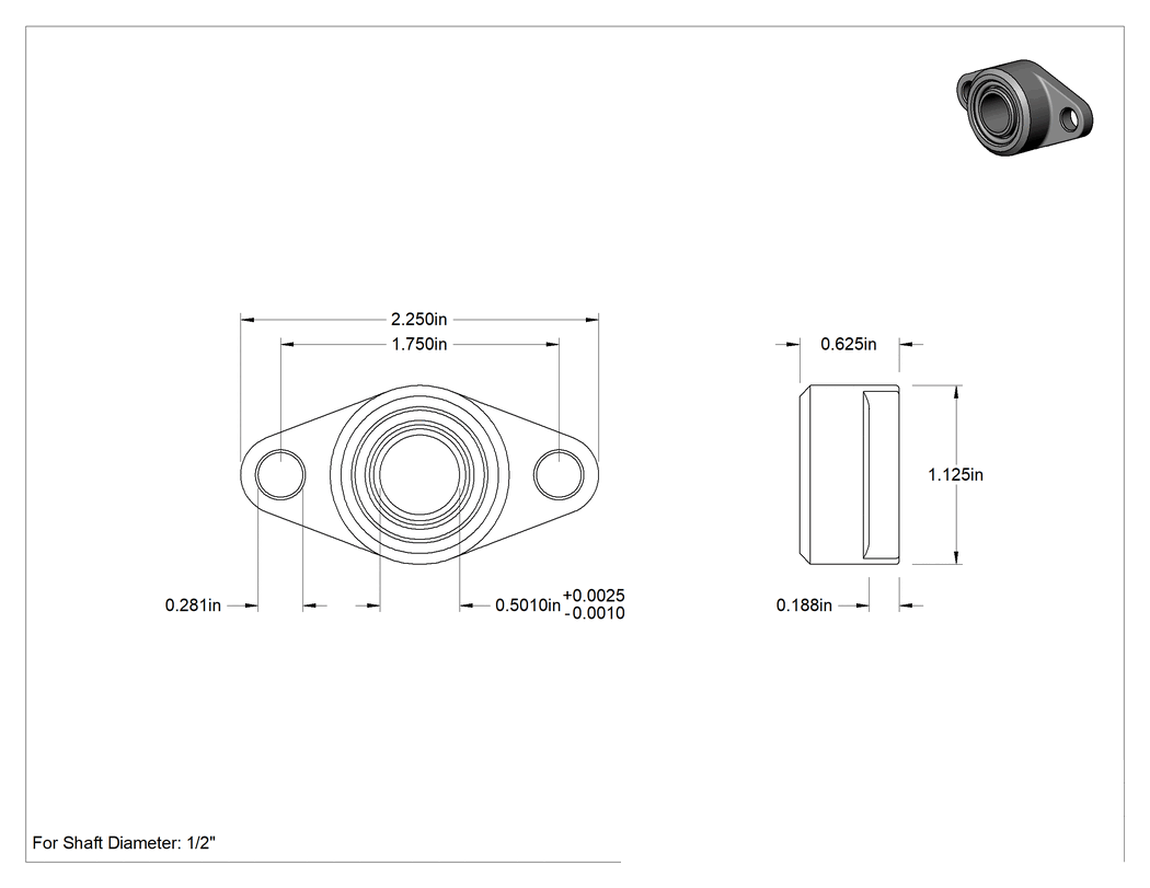 Teknik Çizim - Kuru Çalışan Asetal Montajlı Burçlu Yatak, İki Cıvatalı Flanş, Alüminyum Muhafaza, 1/2" Mil, 2.25 inç Uzunluk