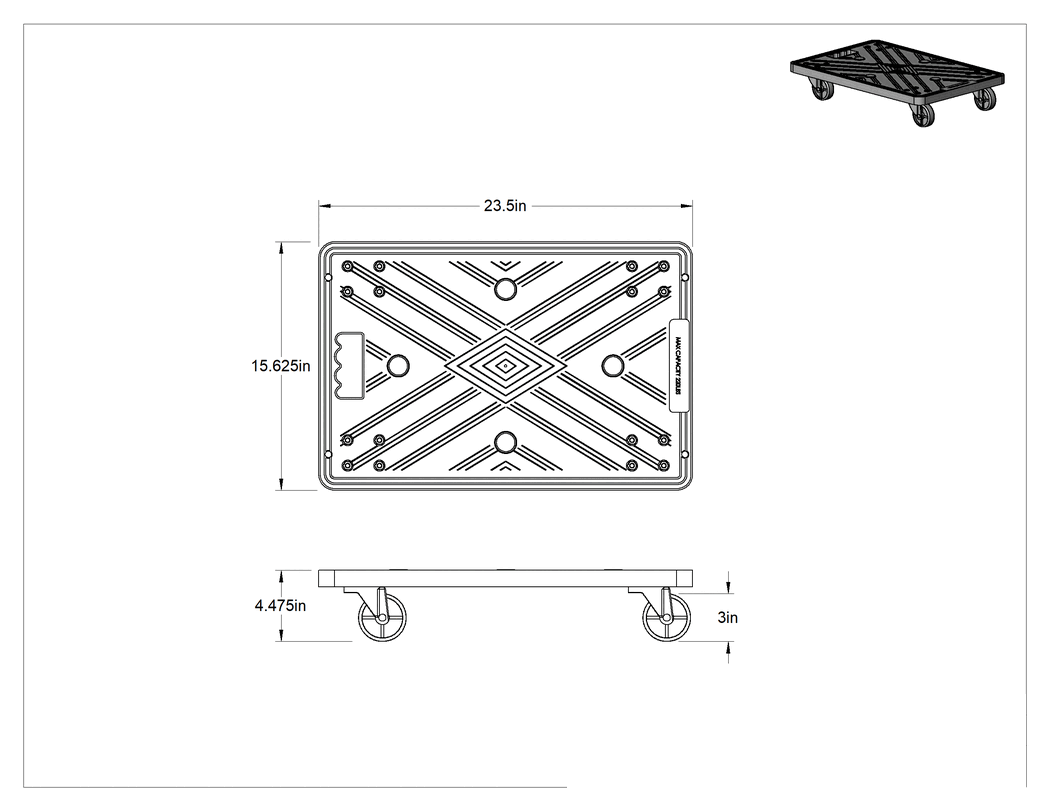 Teknik Çizim - Plastik Taşıma Arabası, 220 lb. Kapasite, 24" Uzunluk x 16" Genişlik x 4-1/2" Yükseklik Katı Platform