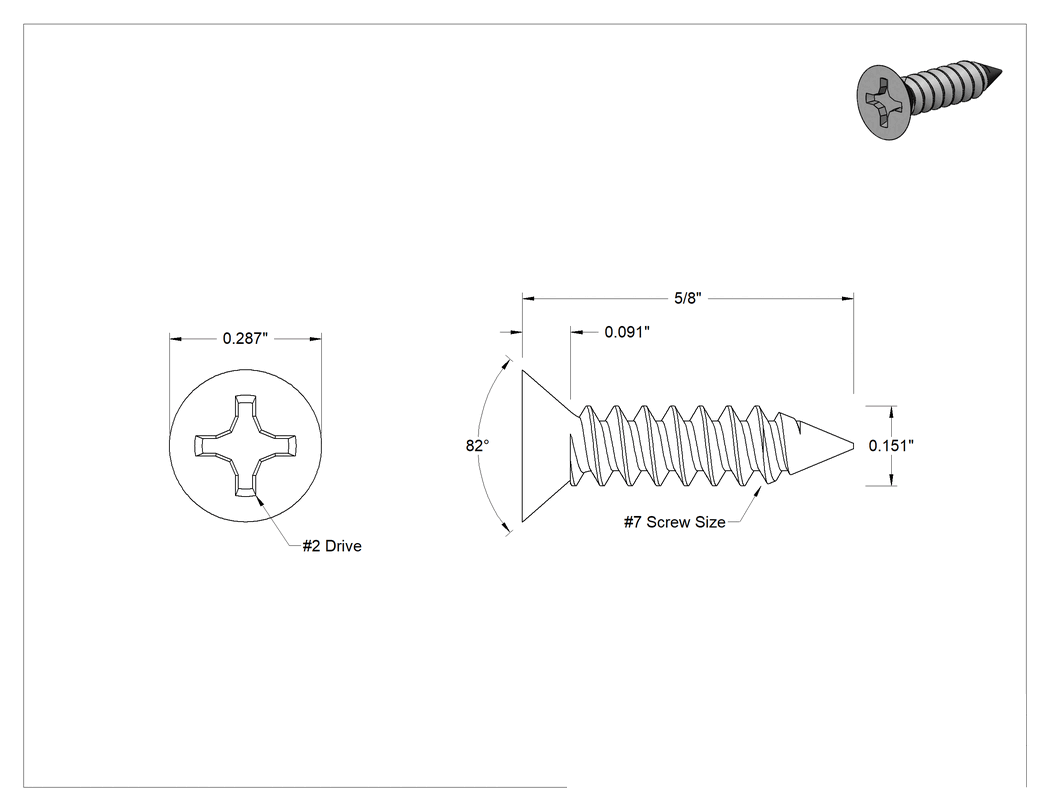 Teknik Çizim - 18-8 Paslanmaz Çelik Metal için Phillips Havşa Başlı Vidalar, Numara 7 Boyut, 5/8" Uzunluk