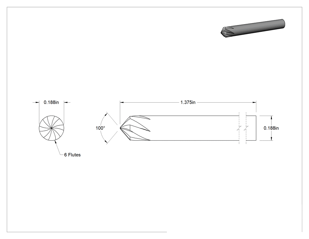 Teknik Çizim - Kobalt Çelik Havşa, Perçin için, 100 Derece, Siyah Oksit, 6 Yiv, 3/16" Gövde Çapı