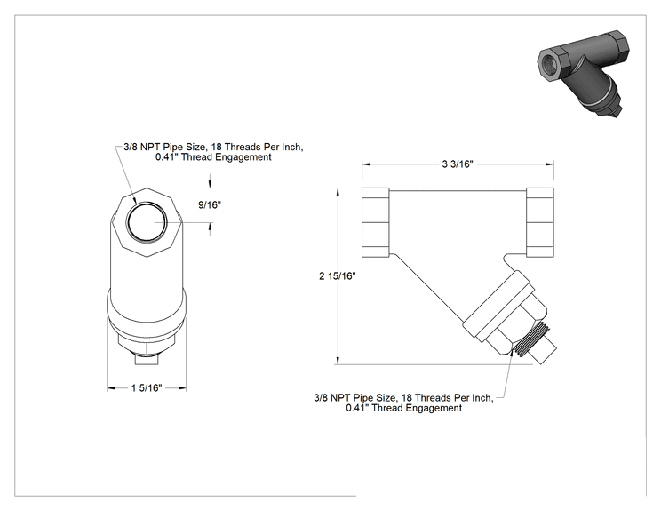 Teknik Çizim - Düşük Basınçlı Bronz Y-Süzgeç, Hasır Elekli, 3/8 NPT, 20 Mesh