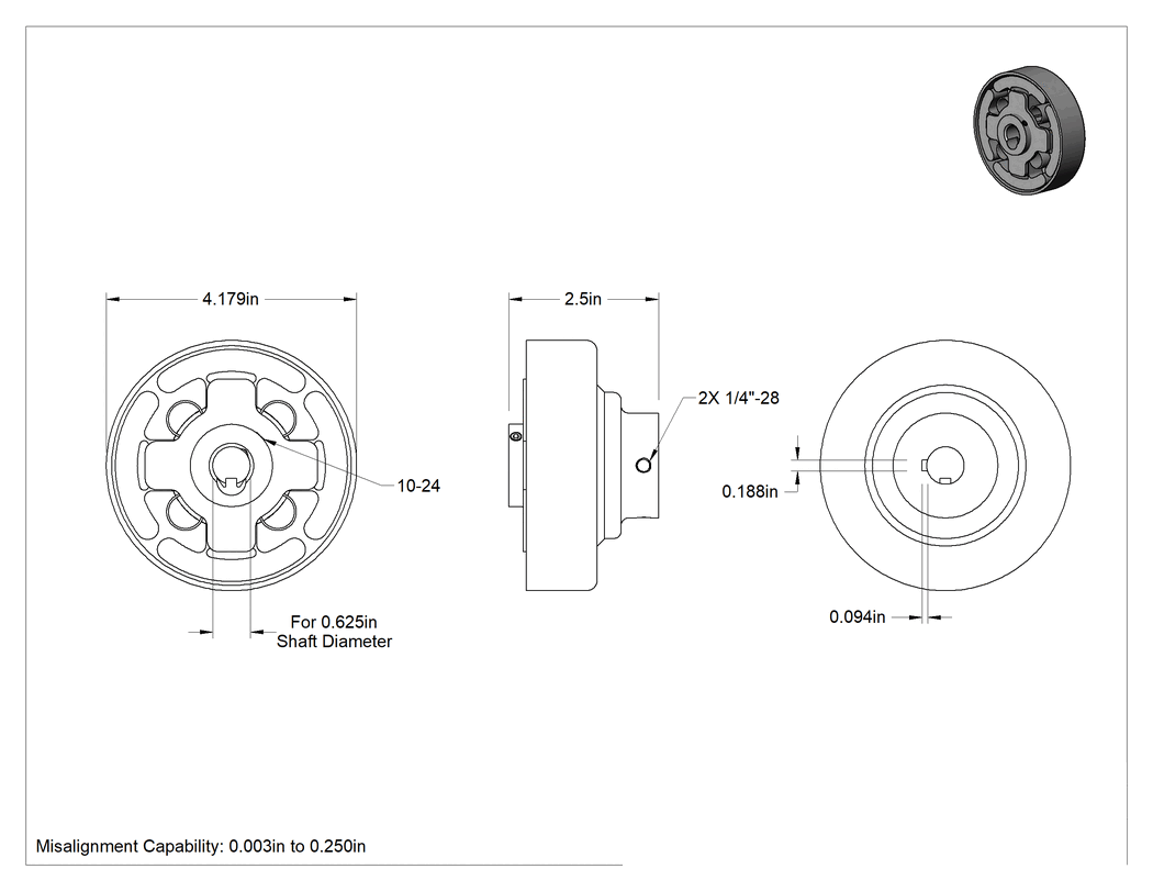 Teknik Çizim - Yumuşak Başlangıçlı Santrifüj Kavrama, Yaylı, Mil-Mil, 5/8" Mil Çapı için