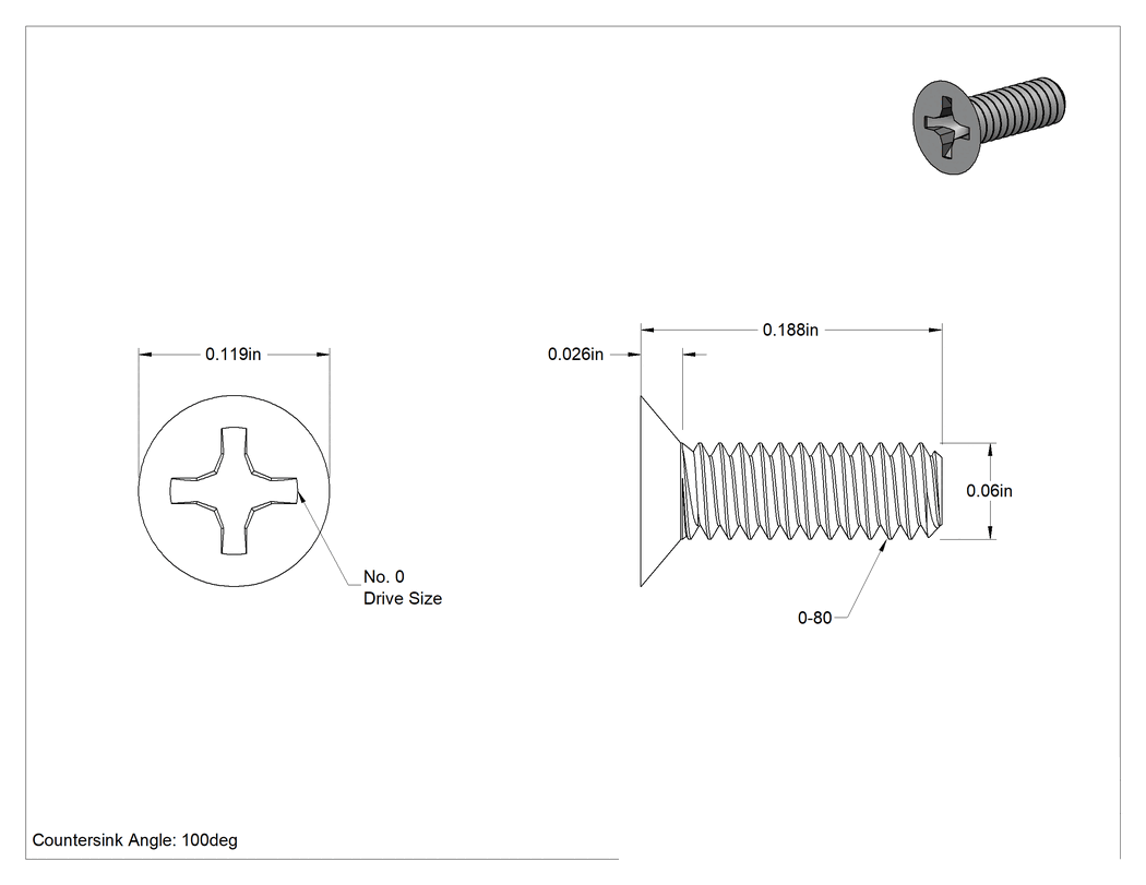 Teknik Çizim - Mil. Spec. 18-8 Paslanmaz Çelik Phillips Havşa Başlı Vidalar, 100 Derece Havşa Açısı, 0-80 Diş Boyutu, 3/16" Uzunluk