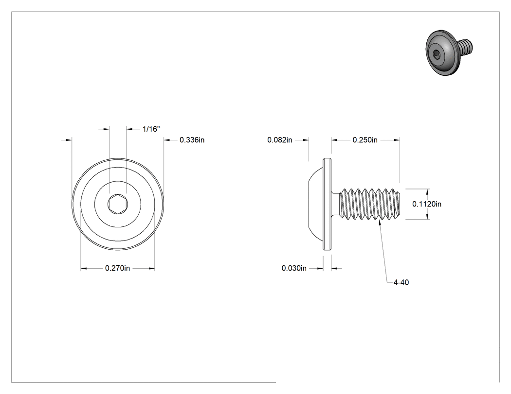 Teknik Çizim - Ekstra Geniş Flanşlı Düğme Başlı Vida, 4-40 Diş, 1/4" Uzunluk