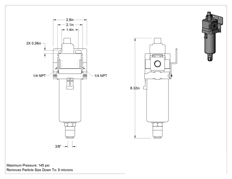 Teknik Çizim - Modüler Basınçlı Hava Filtresi, SMC Serisi AF30-D, Otomatik Tahliye, 1/4 NPT Dişi