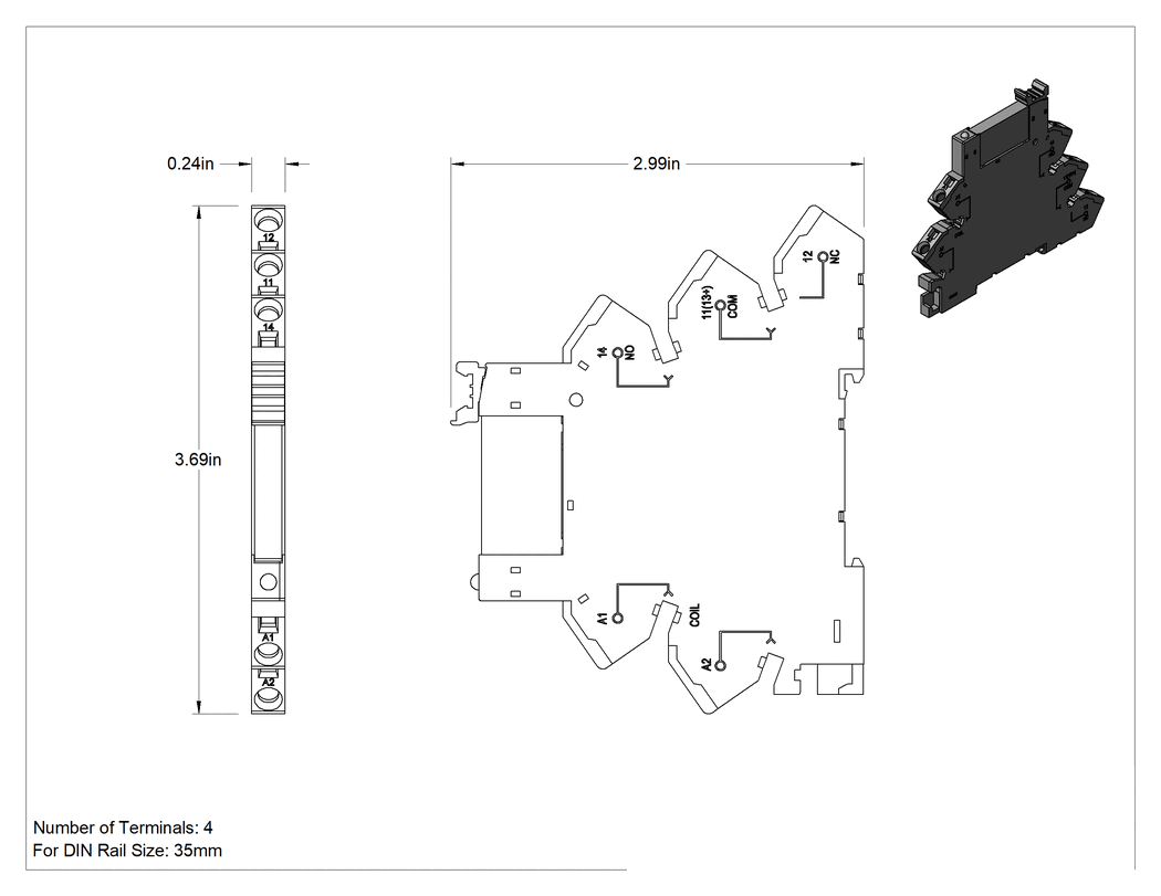 Teknik Çizim - DIN Rayına Monte Katı Hal Arayüz Rölesi, Yaylı Kelepçe Terminalleri, 24 V DC Giriş, 6A @ 24V DC