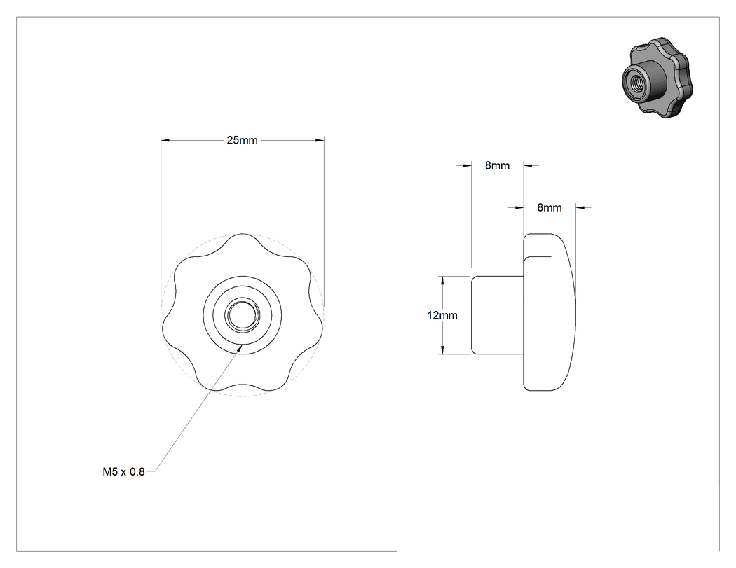 Teknik Çizim - Naylon Yedi Kollu Topuz, M5 x 0.8 mm Dişli 9 mm Derinlikli Delik