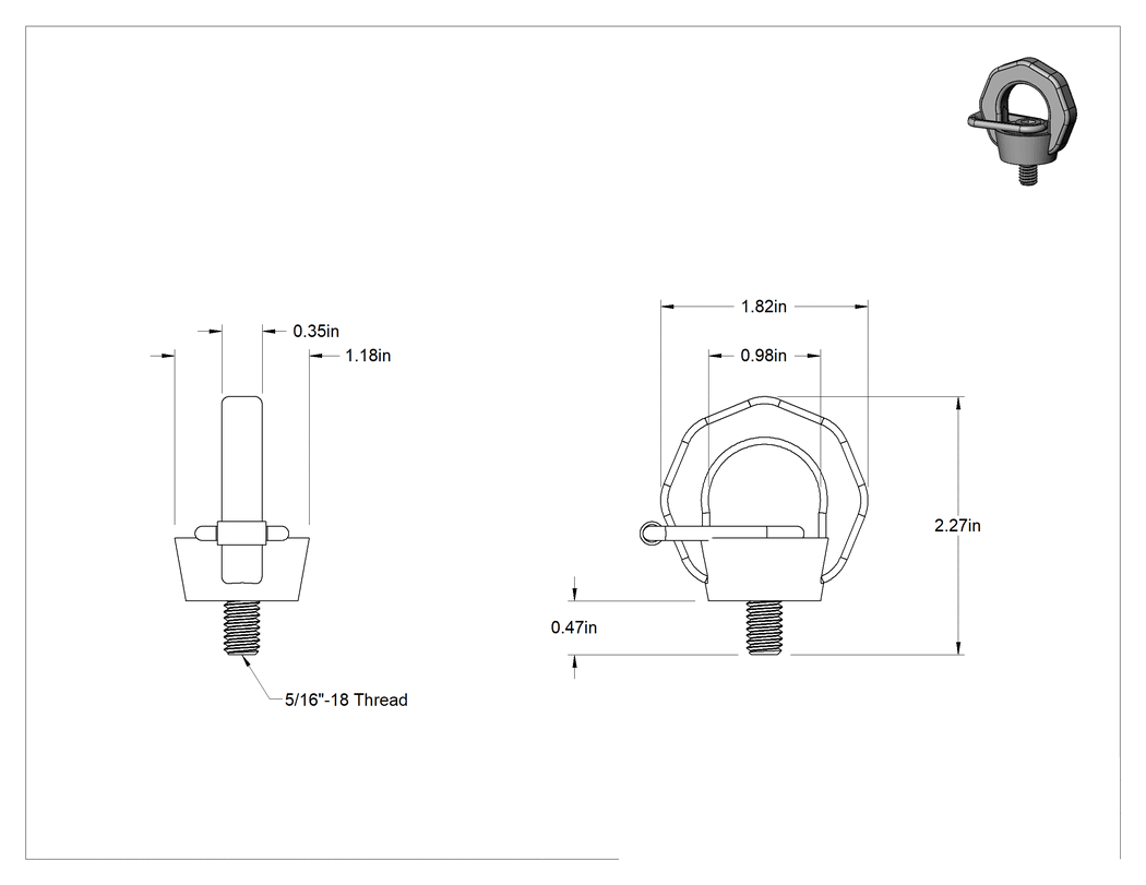 Teknik Çizim - Dönen Halka Cıvata - Kaldırma Amaçlı, Toz Boyalı Çelik, 5/16"-18 Diş Boyutu