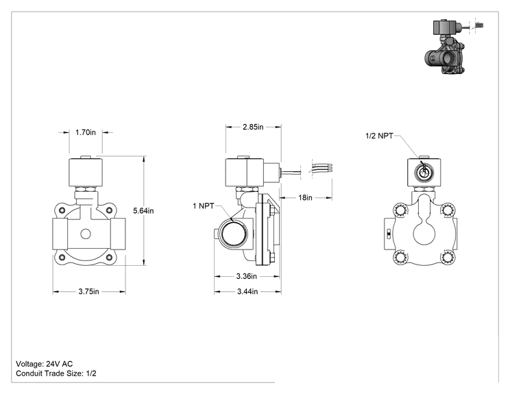 Teknik Çizim - Premium Solenoid Açma/Kapama Valfi, Normalde Kapalı, 24V AC, 1 NPT Dişi, Düşme Destekli