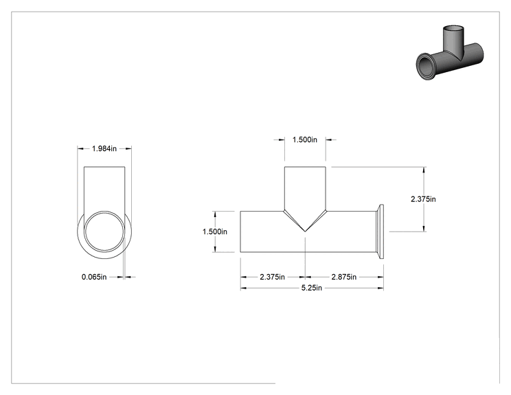 Teknik Çizim - Ekstra Parlak Metal Hızlı Kelepçeli Boru Bağlantısı, T Adaptörü, 1-1/2" Dış Çap Boru x Alın Kaynağı x Alın Kaynağı