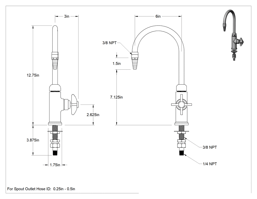 Teknik Çizim - Tek Alt Girişli Pirinç Lavabo Musluğu, 12-3/4" Yüksekliğinde Sabit/Döner Ağızlık, Tırnaklı Çıkışlı, 3.3 gpm