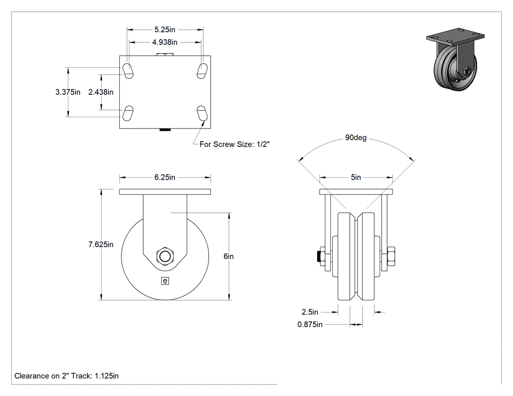 Teknik Çizim - Metal Tekerlekli Ekstra Yüksek Kapasiteli V-Oluklu Raylı Tekerler, 6 inç Çapında x 2.5 inç Genişliğinde Gri Demir Tekerlekli Sert