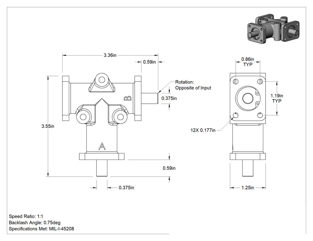 Teknik Çizim - Dik Açı Dişli Kutusu, 3-1/4" Toplam Genişlik