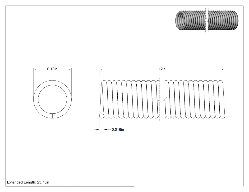 Teknik Çizim - Çekme Yayı, Düz Kesimli Uç, 12" Uzunluk, 0.130" Dış Çap, 23.73" Uzatılmış Uzunluk
