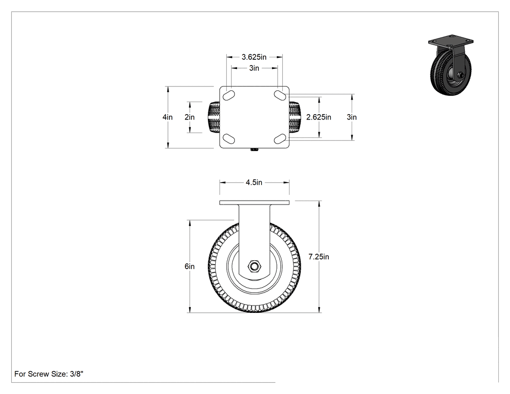Teknik Çizim - 4-1/2" x 4" Plakalı Tekerlek, 2" Genişliğinde Patlamayan Tekerlekli Sert
