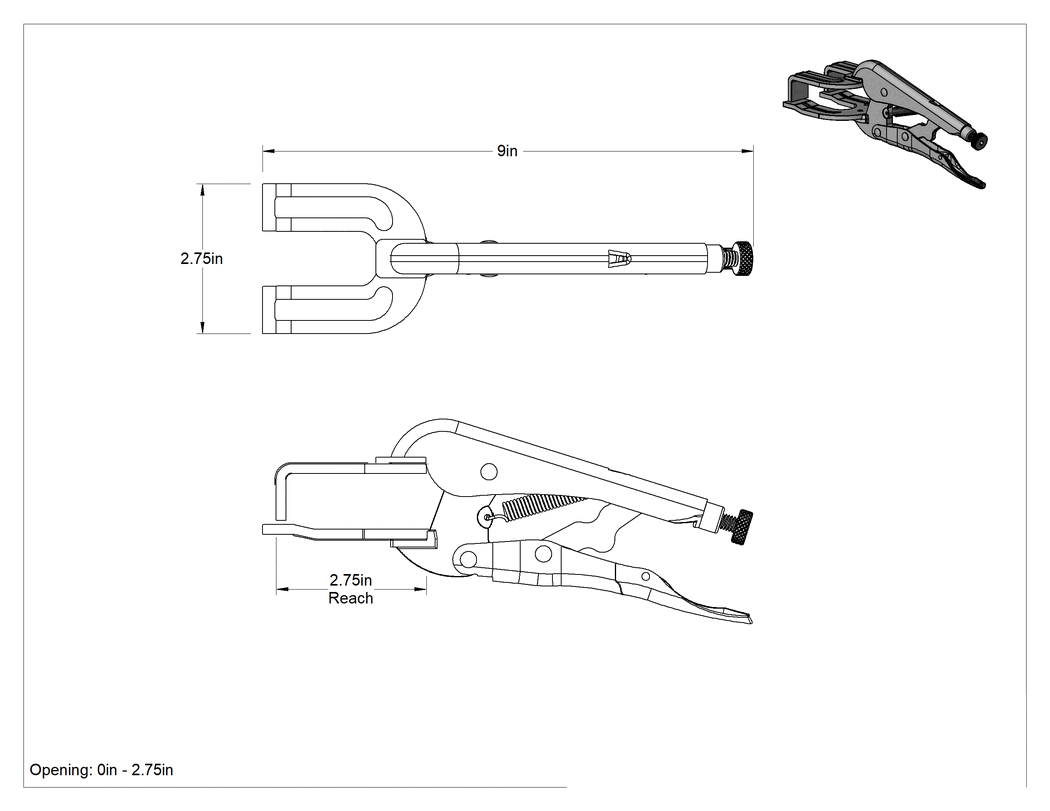 Teknik Çizim - Levhalar için Kilitli Pense Kelepçesi, 0" ila 2-3/4" Açıklık