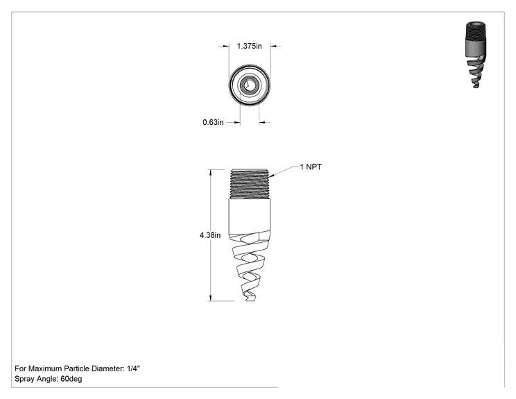 Teknik Çizim - Yüksek Hacimli Tıkanmaya Dayanıklı Püskürtme Memesi, Tam Koni, PTFE, 1 NPT Erkek, 0.63" Delik Çapı, 60 Derece