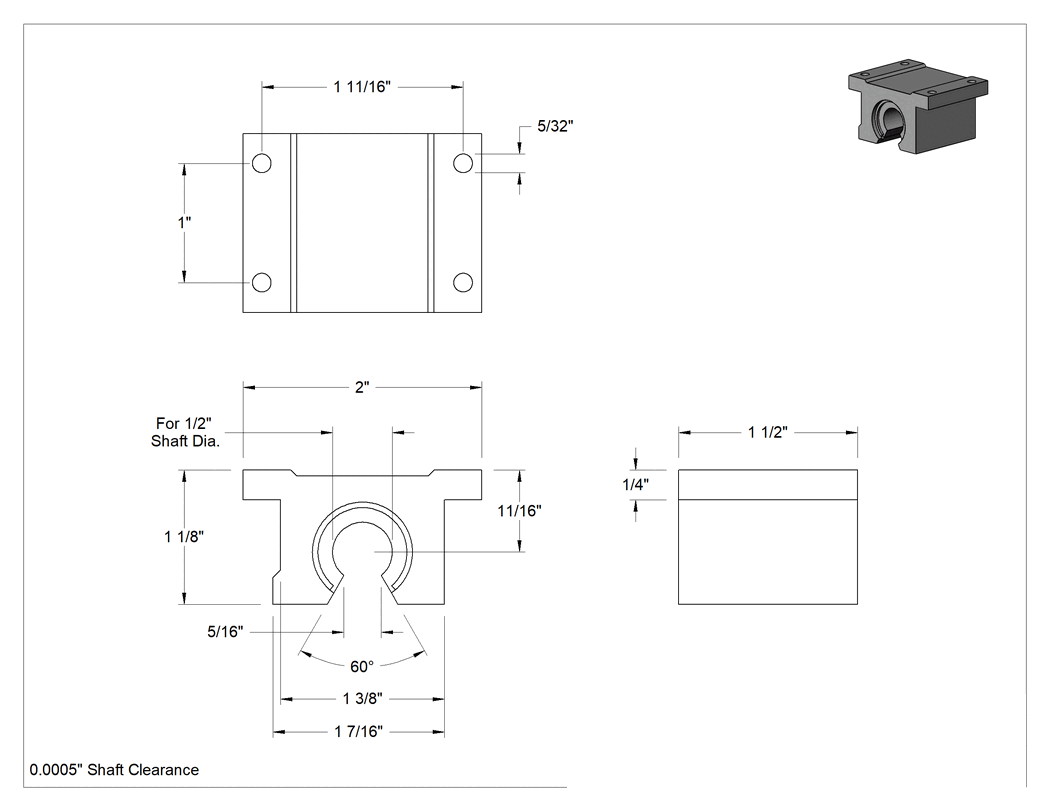 Teknik Çizim - Montajlı Manşonlu Lineer Rulman, Destek Rayı Şaftları için, 0.0005 inç Boşluk, 1-1/2" Uzunluk
