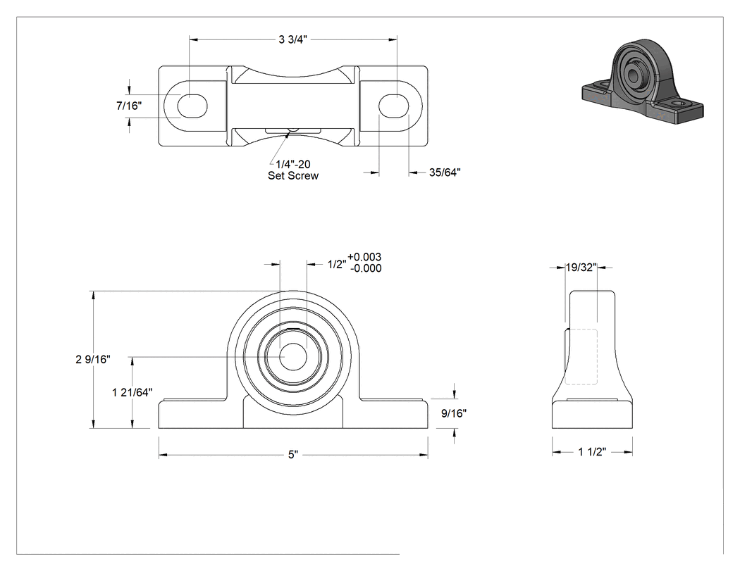 Teknik Çizim - Montajlı 316 Paslanmaz Çelik Bilyalı Rulman, 1/2" Mil Çapı için