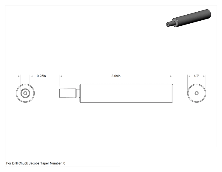 Teknik Çizim - Düz Şaftlı Matkap Mandreni, 1/2" Şaft Çapı, #0 Jacobs Mandren için, 3-3/32" Toplam Uzunluk