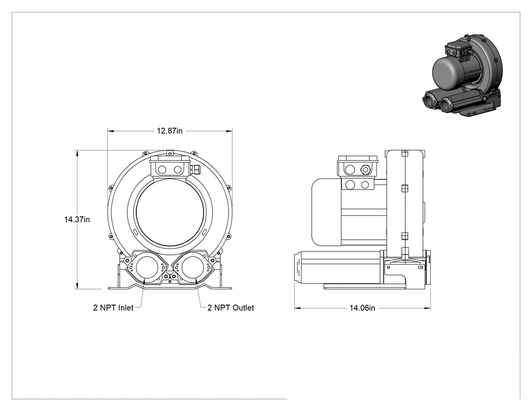 Teknik Çizim - Yüksek Akışlı Düşük Basınçlı Sıkıştırılmış Hava Üfleyici, Tek Kademeli, 3 Fazlı, 208/230/460V AC, 2 hp