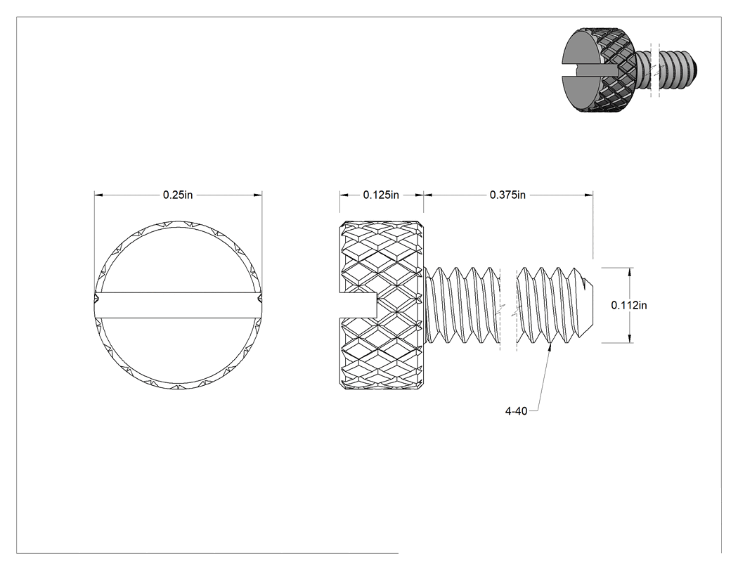 Teknik Çizim - Tırtıllı Başlı El Vidası, Yarık, Dar, 4-40 Diş Boyutu, 3/8" Uzunluk