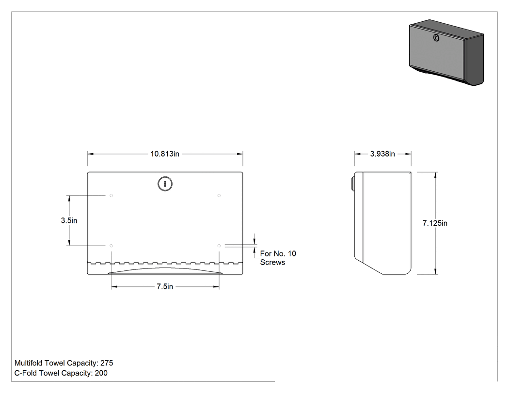 Teknik Çizim - Çok Katlı Kağıt Havlular için Dağıtıcı, Kilitleme Mekanizmalı, 7.125" Yükseklik, 10.8125" Genişlik, 3.9375" Derinlik