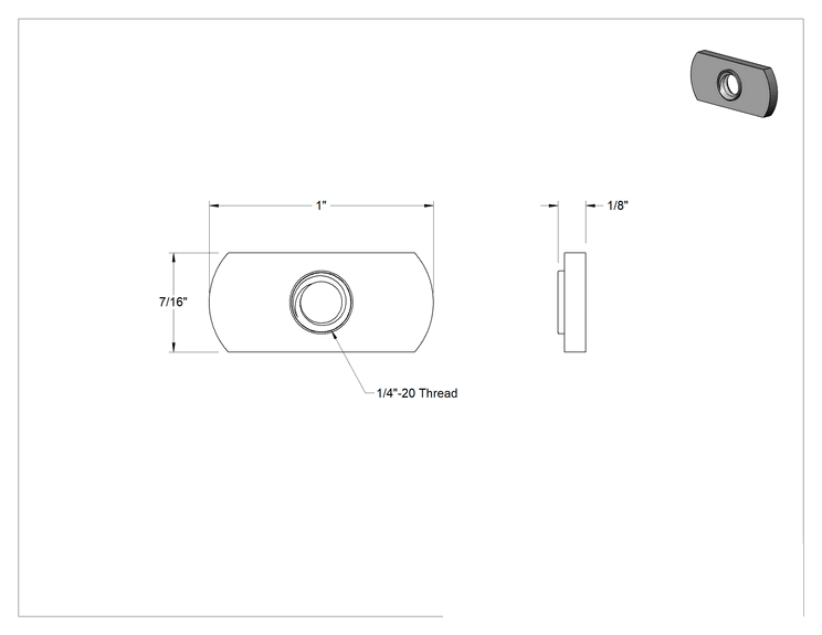 Teknik Çizim - T-Yivli Çerçeve, 1" ve 25 mm Yüksekliğinde Ray için Uç Beslemeli Somun, 1/4"-20 Diş