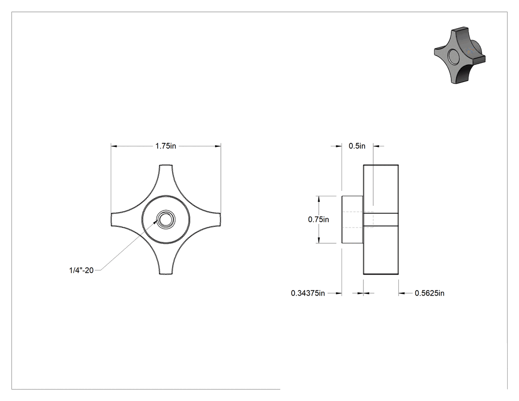 Teknik Çizim - Dört Kollu Tutma Yerli Düğme, Polipropilen, 1/4"-20 Dişli Delik, 1-3/4" Baş Çapı
