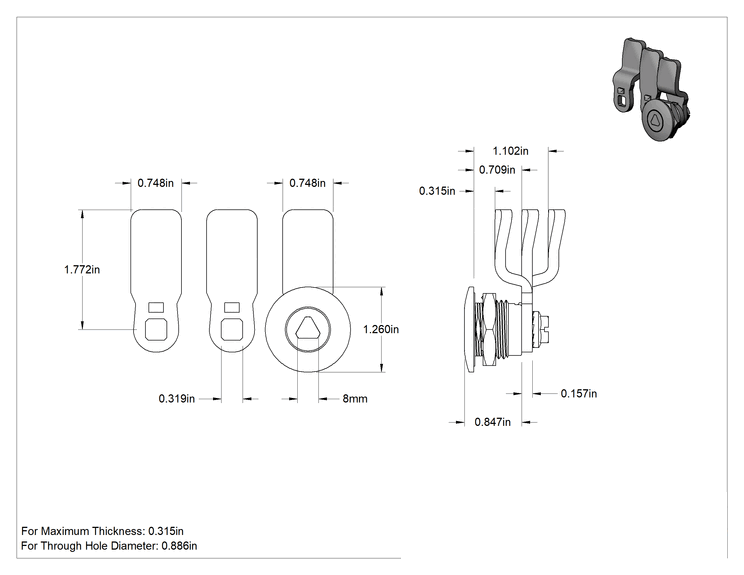 Teknik Çizim - Tepkiye Dayanıklı Üçgen Tahrikli Kam Kilidi, Krom Kaplı Çinko, 1-1/4" Baş Çapı