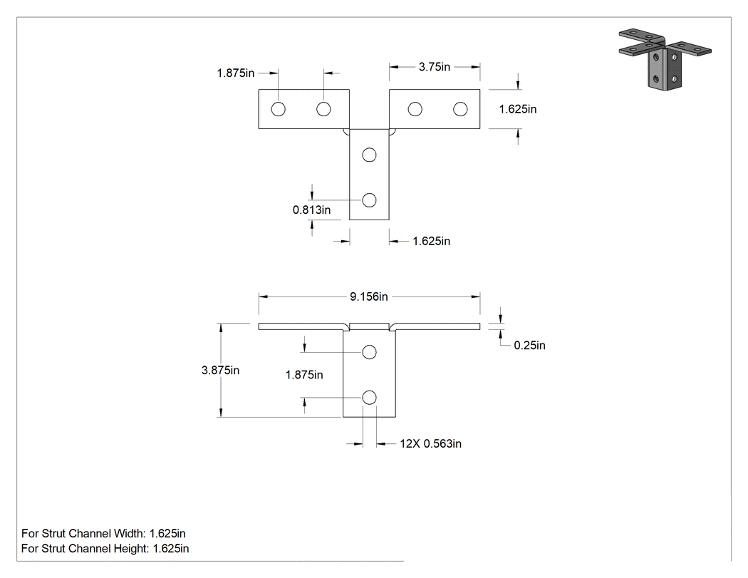 Teknik Çizim - Strut Kanalı Braketi, Üçlü 90 Derece, Toz Boyalı Çelik, 9-5/32" Uzunluk