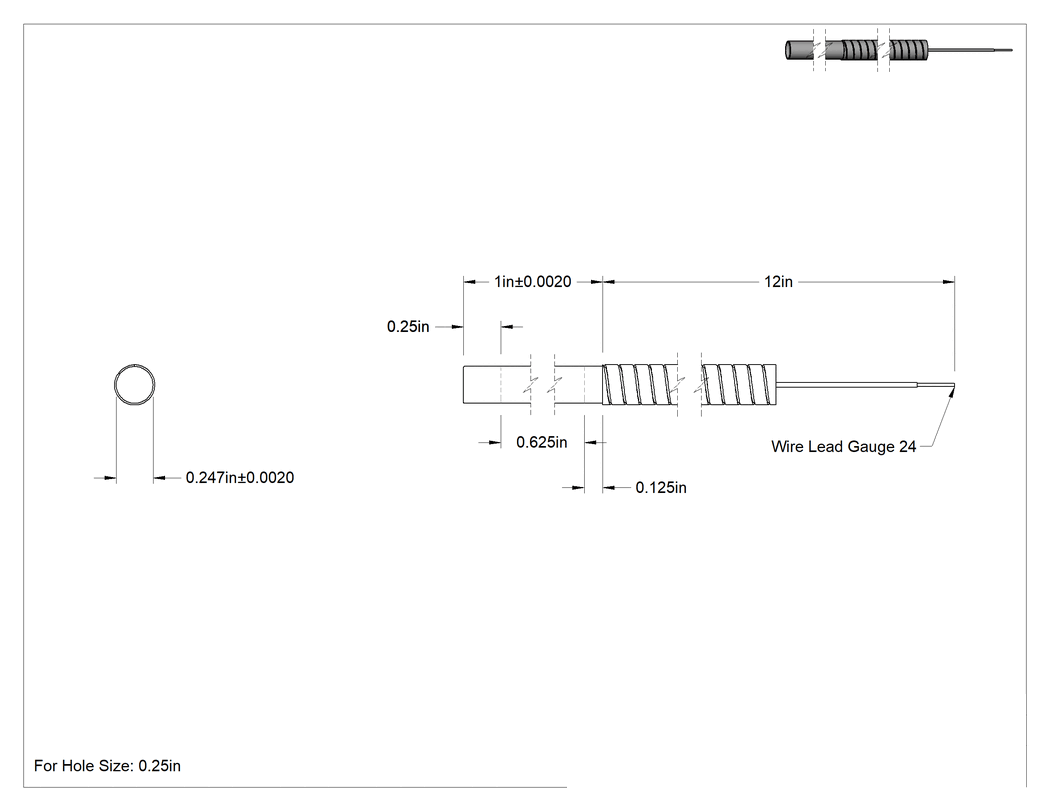 Teknik Çizim - Zırhlı Tel Kaplamalı Ekleme Isıtıcısı, 1/4" Delik için, 120V AC, 1" Uzunlukta Isıtma Elemanı, 80W